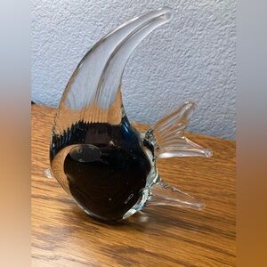 Murano Style Angel fish Paperweight Blown Glass Clear Black 7” x 6”